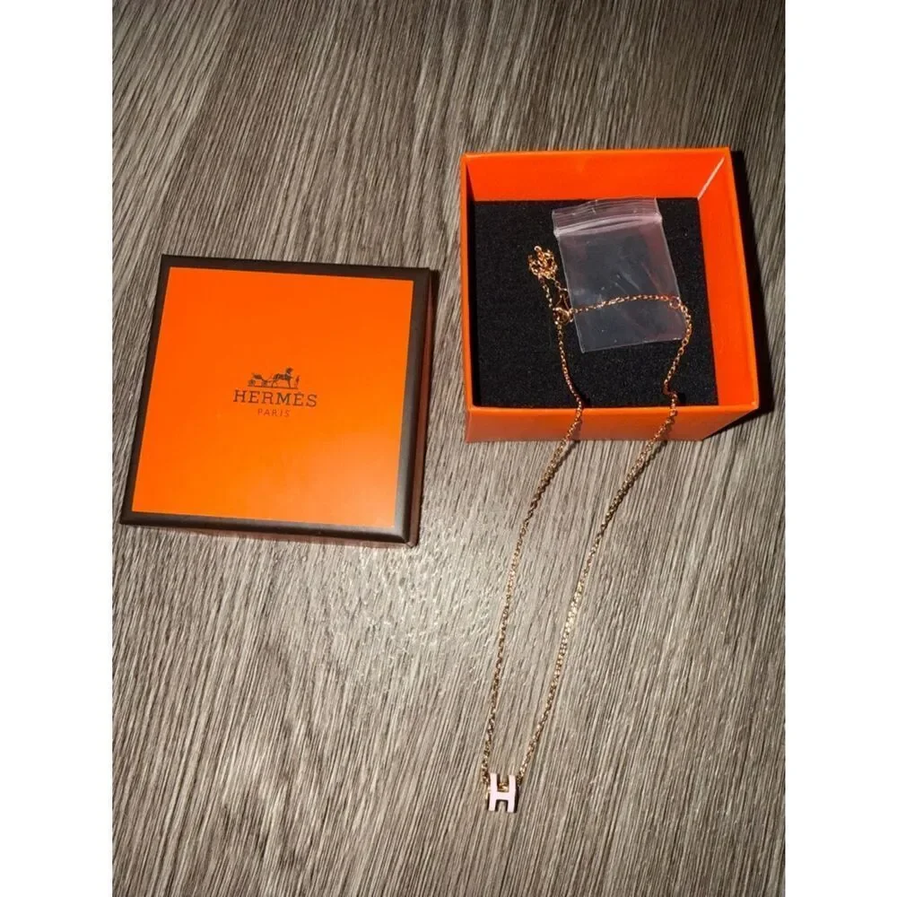 Hermès Rose Gold H Pendant Necklace with Orange Box